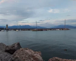 overlooking the water at dusk